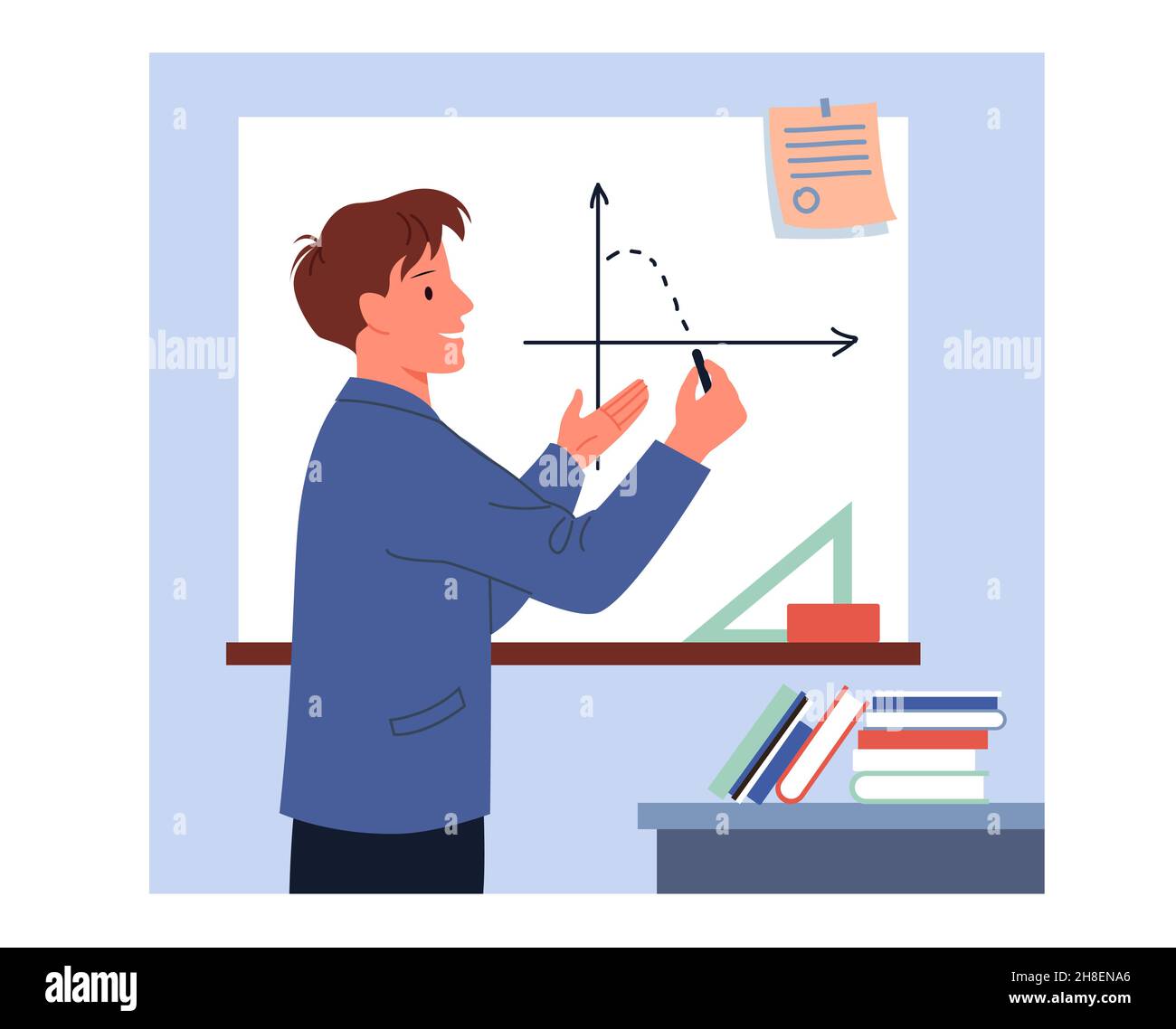 Leçon d'algèbre scolaire avec l'homme enseignant tenant la craie, dessin sur tableau noir de la classe de mathématiques Illustration de Vecteur