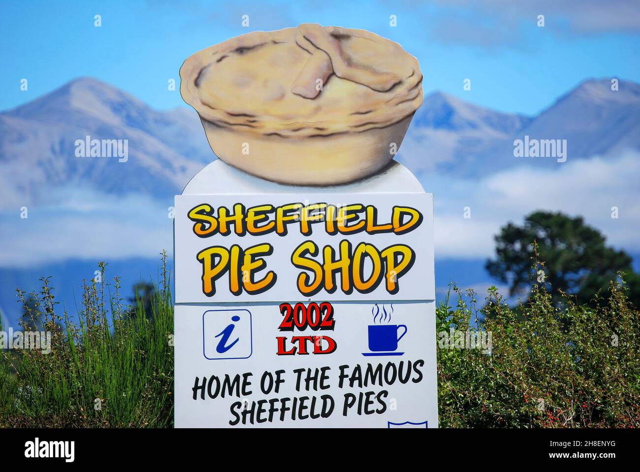 Sheffield Pie Shop sign, Sheffield, State Highway 73, District de Selwyn, Canterbury, île du Sud, Nouvelle-Zélande Banque D'Images