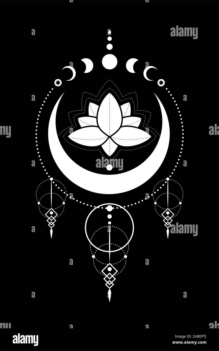 Phases mystiques de la Lune, fleur de Lotus, géométrie sacrée.Triple lune, demi-lune païen symbole de la déesse Wiccan, silhouette wicca bannière signe, cercle d'énergie Illustration de Vecteur