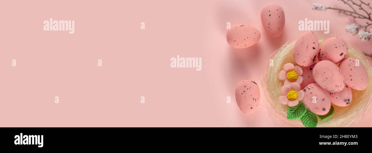 Arrière-plan de Pâques.Œufs de pâques heureux sur le nid.Oeufs de Pâques sur le nid.Œufs de Pâques.Bonne carte de Pâques.Œufs de Pâques multicolores.Pâques.Bannière.Copier Banque D'Images