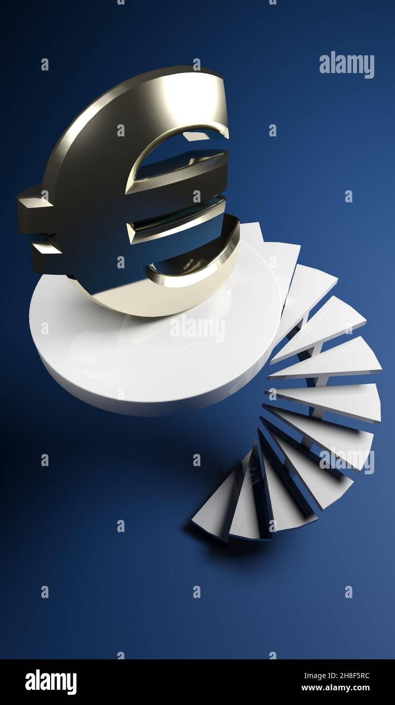 Panneau Golden euro en haut des escaliers en spirale - illustration du rendu 3D Banque D'Images