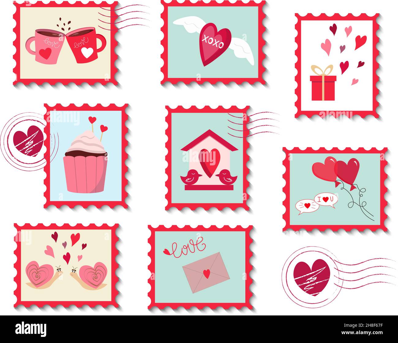 Lot de timbres-poste pour la Saint-Valentin.Illustration vectorielle. Illustration de Vecteur