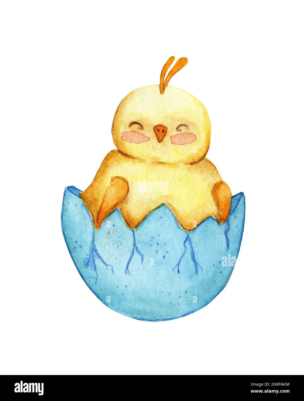 Illustration aquarelle d'un joli petit poulet jaune assis dans une coquille.Dessin d'un poussin éclos pour enfants.Pâques, religion, tradition.Isol Banque D'Images