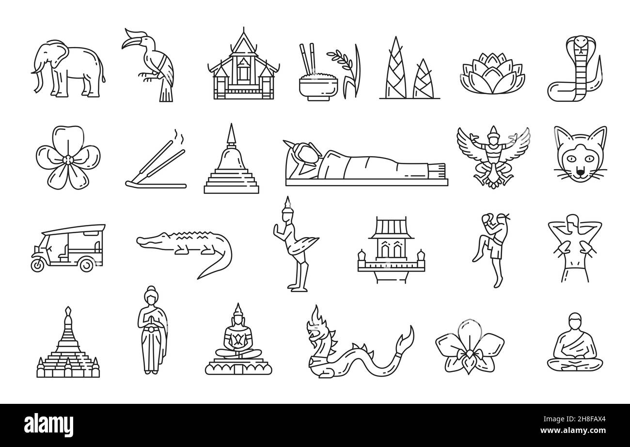 Monuments de voyage en Thaïlande et symboles nationaux thaïlandais.Symboles vectoriels des temples et palais de Bangkok.Thaïlande tourisme visite de Bouddha et tuk tuk, mua Illustration de Vecteur