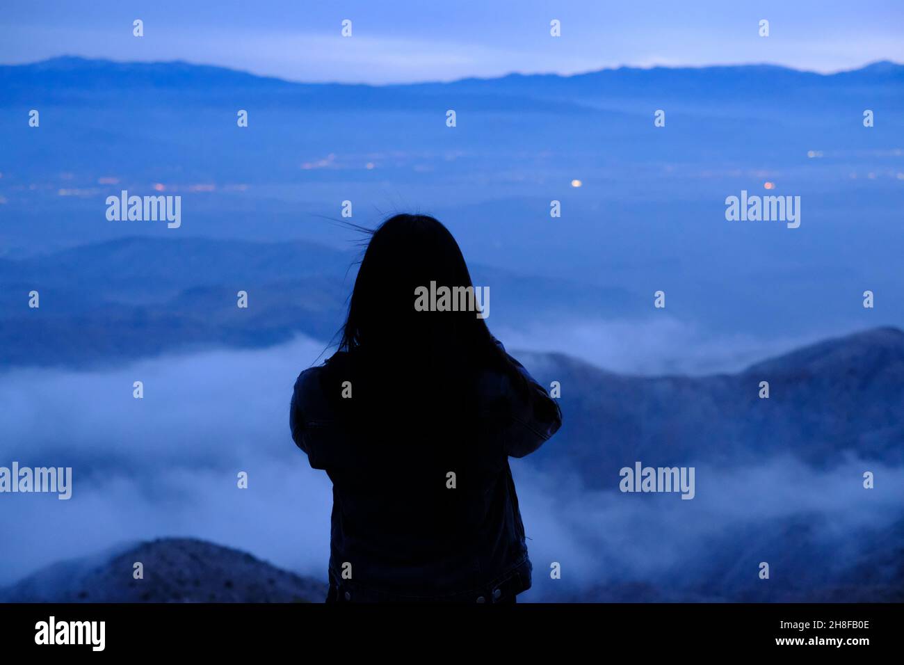 Femme asiatique américaine regardant la vue au parc national de Joshua Tree au crépuscule Banque D'Images