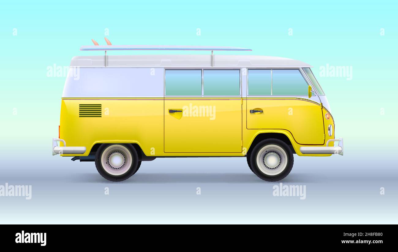 Fourgonnette de camping de style ancien avec planche de surf. Illustration de Vecteur