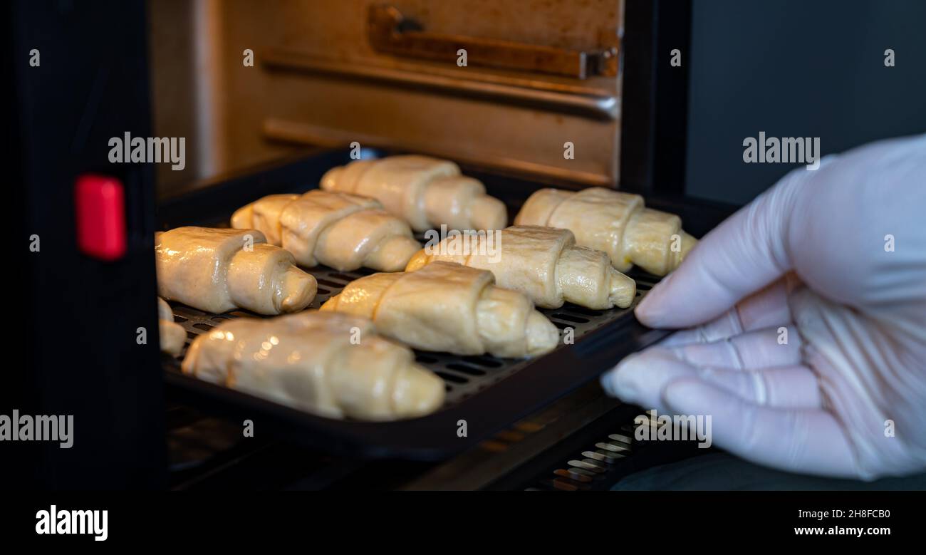 Croissants faits maison.La pâte à croissant est disposée dans un four pour la mettre dans le four. Banque D'Images