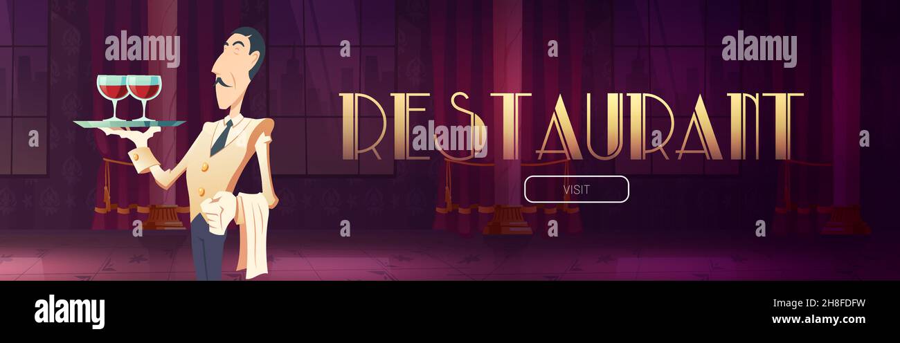 Bannière Web de dessin animé de restaurant.Un serveur vintage bien formé porte un uniforme avec des lunettes de vin sur le plateau et une serviette pendre sur le stand dans le café, le personnage du service d'accueil, l'invitation, l'illustration vectorielle Illustration de Vecteur