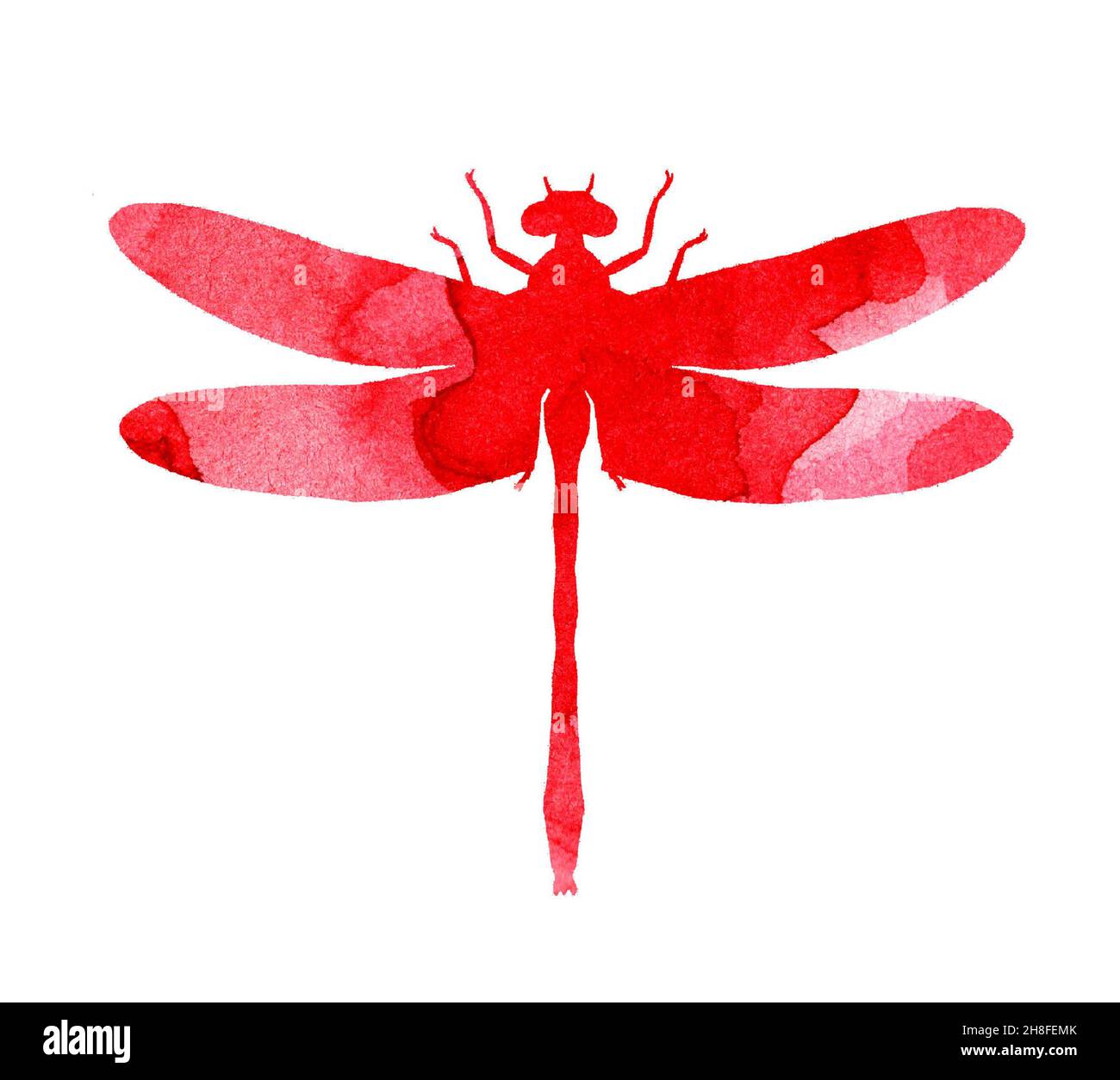 Illustration aquarelle d'une libellule rouge abstraite avec des rayures peintes.Joli imprimé insectes amusant.Un insecte ailé avec de grands yeux.Isolé sur blanc Banque D'Images