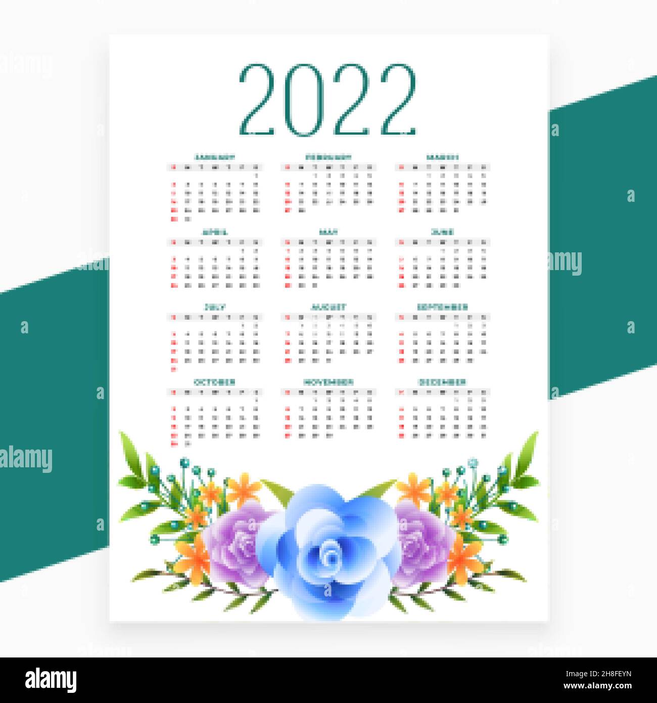 modèle de calendrier de fleurs de la nouvelle année 2022 Illustration de Vecteur