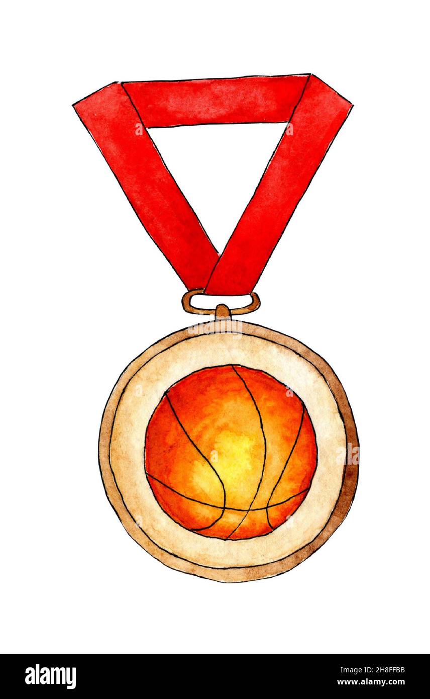 Médaille d'illustration aquarelle au basket-ball.Médaille d'or avec une boule orange, sur un ruban rouge.Trophée, prix, victoire, compétition, sport,champions Banque D'Images