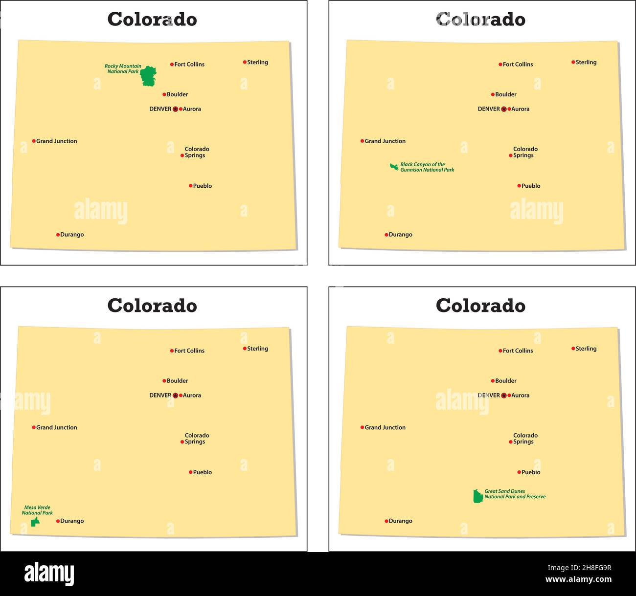 Quatre petites cartes vectorielles des parcs nationaux du Colorado Illustration de Vecteur