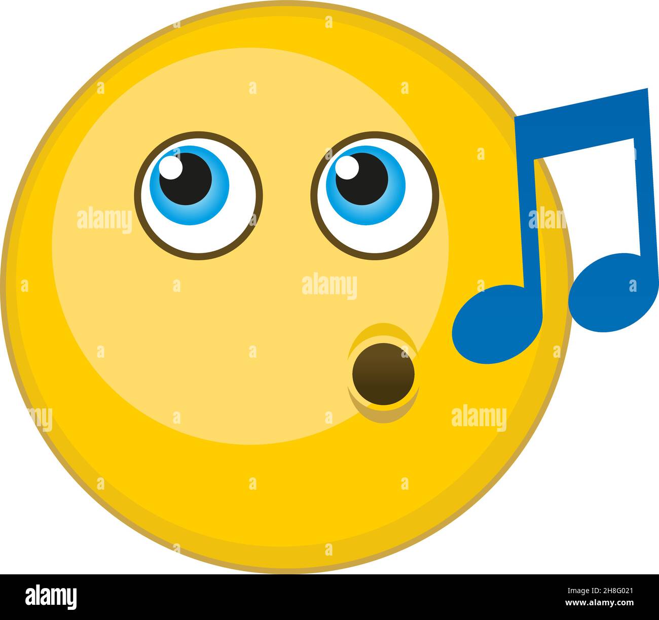 Visage jaune chantant.Emoji de bande dessinée avec note de musique Illustration de Vecteur