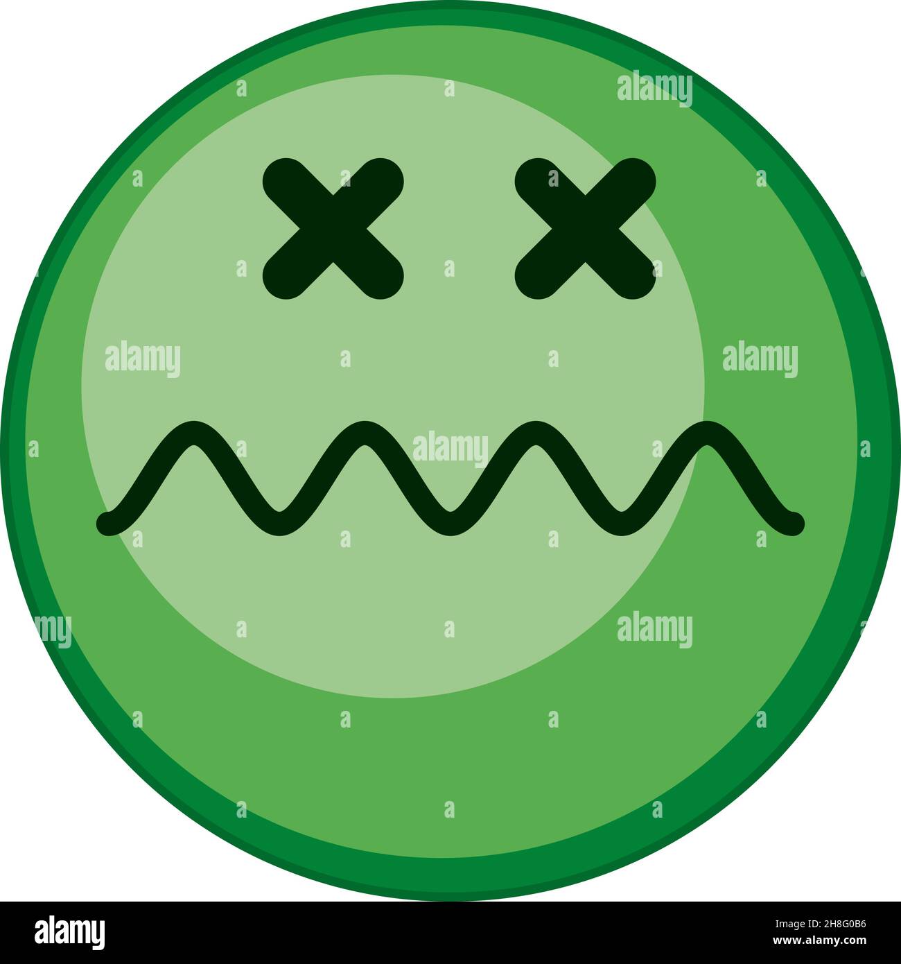 Emoji vert avec yeux croisés.Expression de la face morte.Symbole d'intoxication Illustration de Vecteur