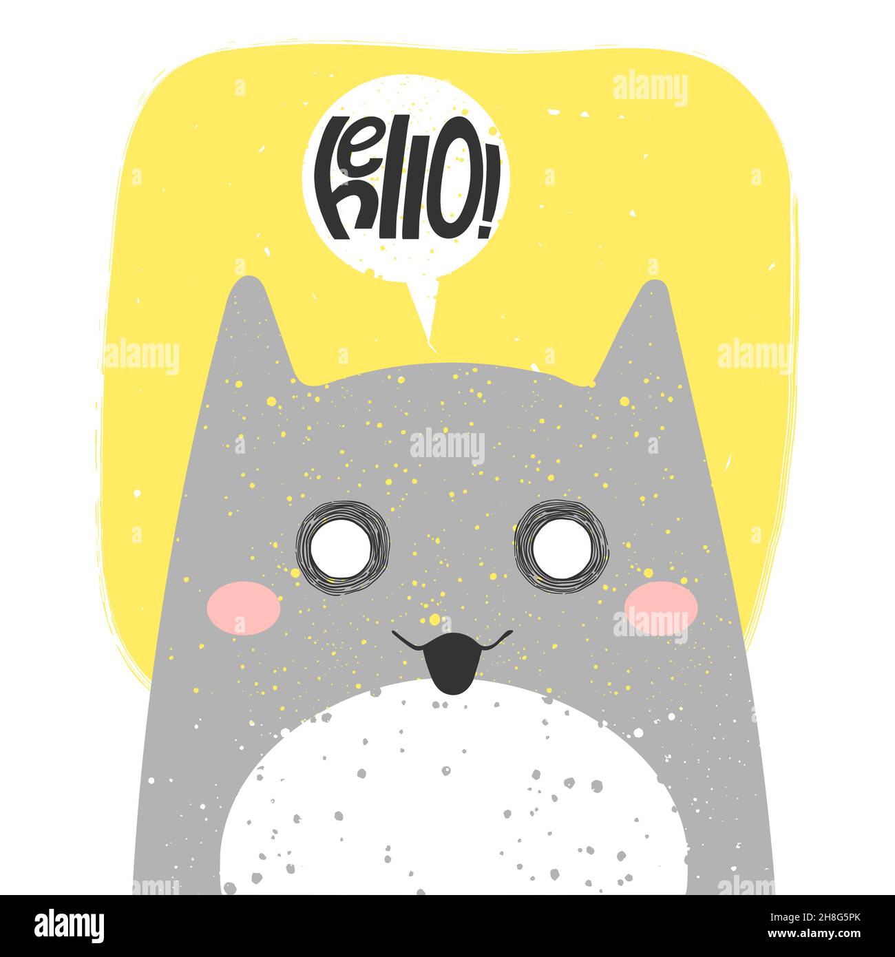 Joli chat souriant avec l'émotion d'anime et le discours babouble dire Bonjour. dessin main illustration vectorielle de chaton dans le dessin animé plat.Joli clip pour enfant Illustration de Vecteur