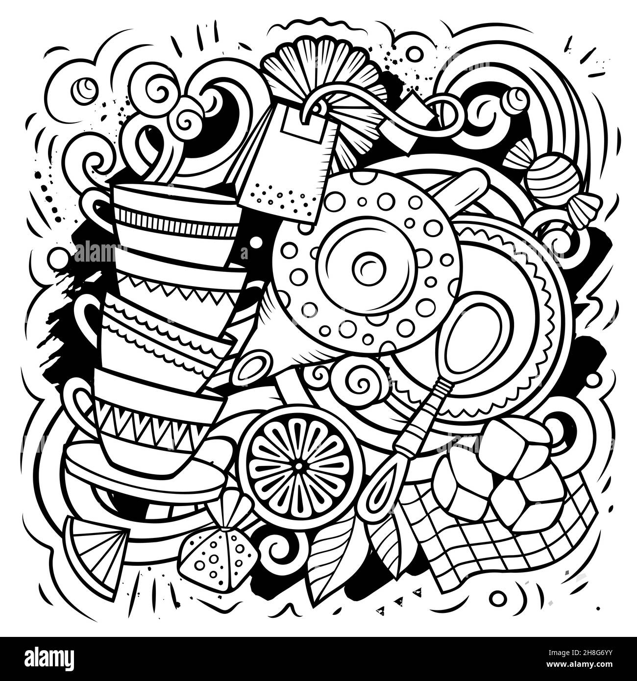 Dessin animé vectoriel gribouillis illustration de l'heure du thé.Esquissé, détaillé, avec beaucoup d'arrière-plan d'objets.Tous les objets sont séparés.Café image drôle Illustration de Vecteur