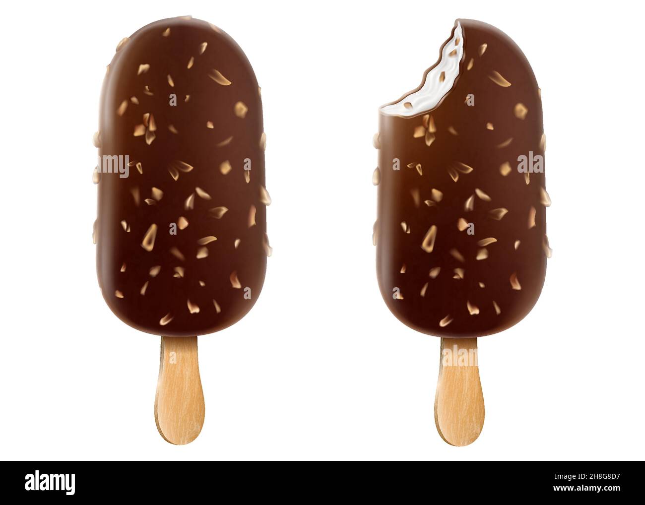 Crème glacée au glaçage au chocolat et noix sur un bâton.Crème glacée au chocolat noir entier et mordu popsicle avec arachides isolées sur fond blanc réel Illustration de Vecteur