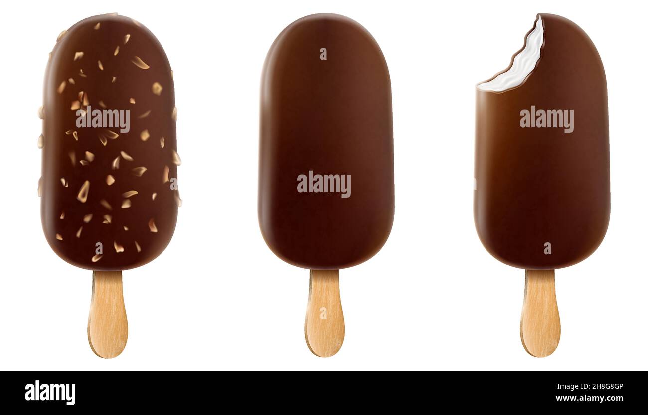 Crème glacée au glaçage au chocolat et noix sur un bâton.Crème glacée au chocolat noir entier et mordu popsicle avec arachides isolées sur fond blanc réel Illustration de Vecteur