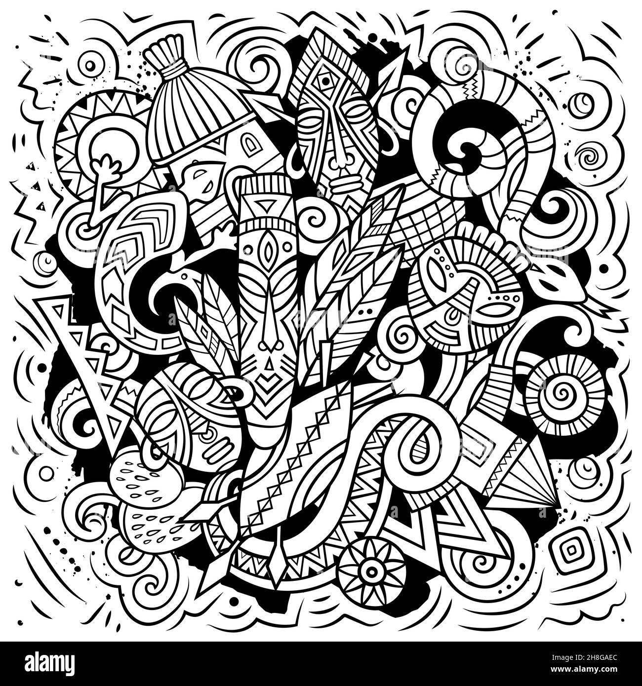Illustration de dessins animés dessinés à la main en Afrique. Design de voyage amusant. Arrière-plan vectoriel d'art créatif. Symboles, éléments et objets africains. Esquisse co Illustration de Vecteur