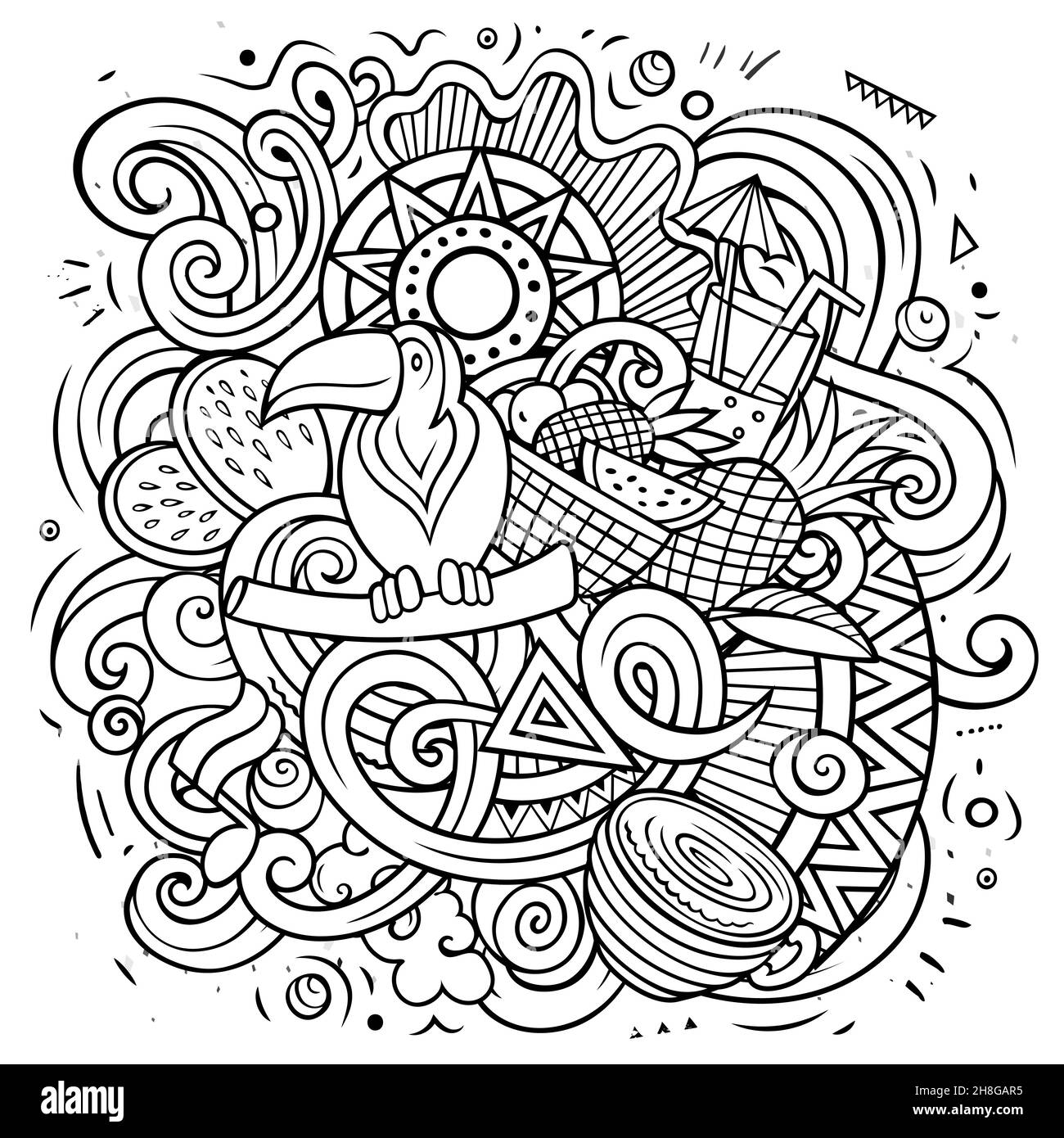 Illustration du vecteur de dessin animé brésilien.Dessin au trait composition détaillée avec beaucoup d'objets et de symboles brésiliens Illustration de Vecteur