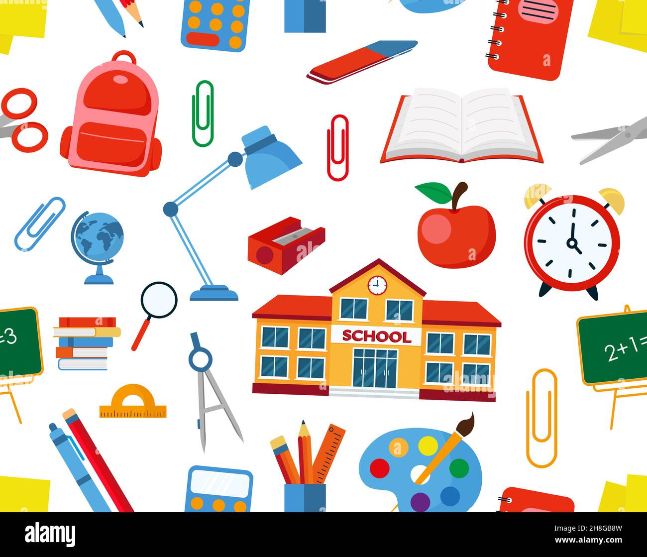 Motif amusant sans couture avec fournitures scolaires et éléments créatifs.Retour à l'école.SPE 10 Illustration de Vecteur