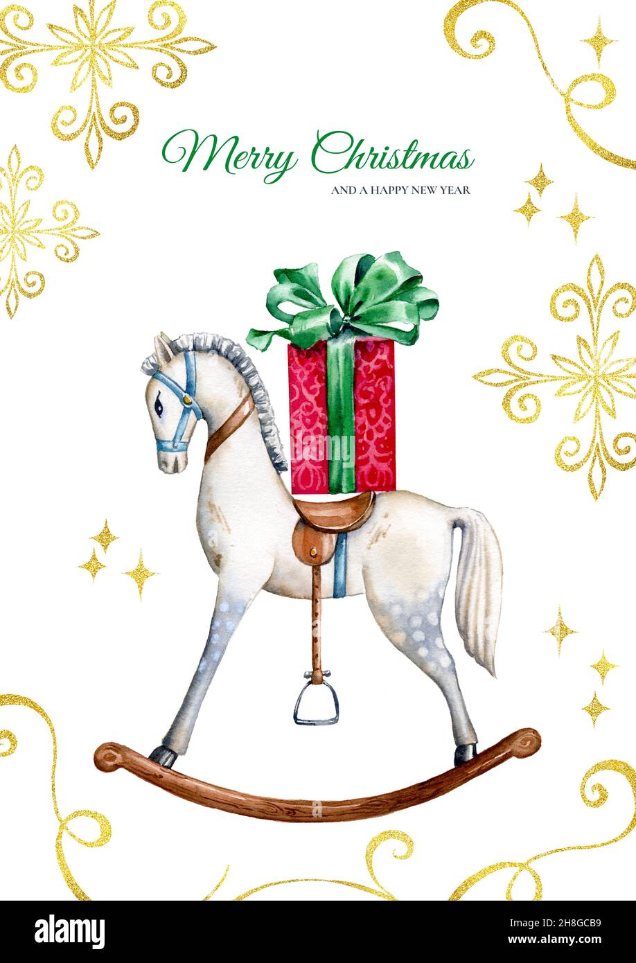 Modèle de carte de Noël avec cheval jouet.Illustration aquarelle peinte à la main avec cadeaux de Noël vintage et ornements en aluminium doré.Motif vacances d'hiver Banque D'Images
