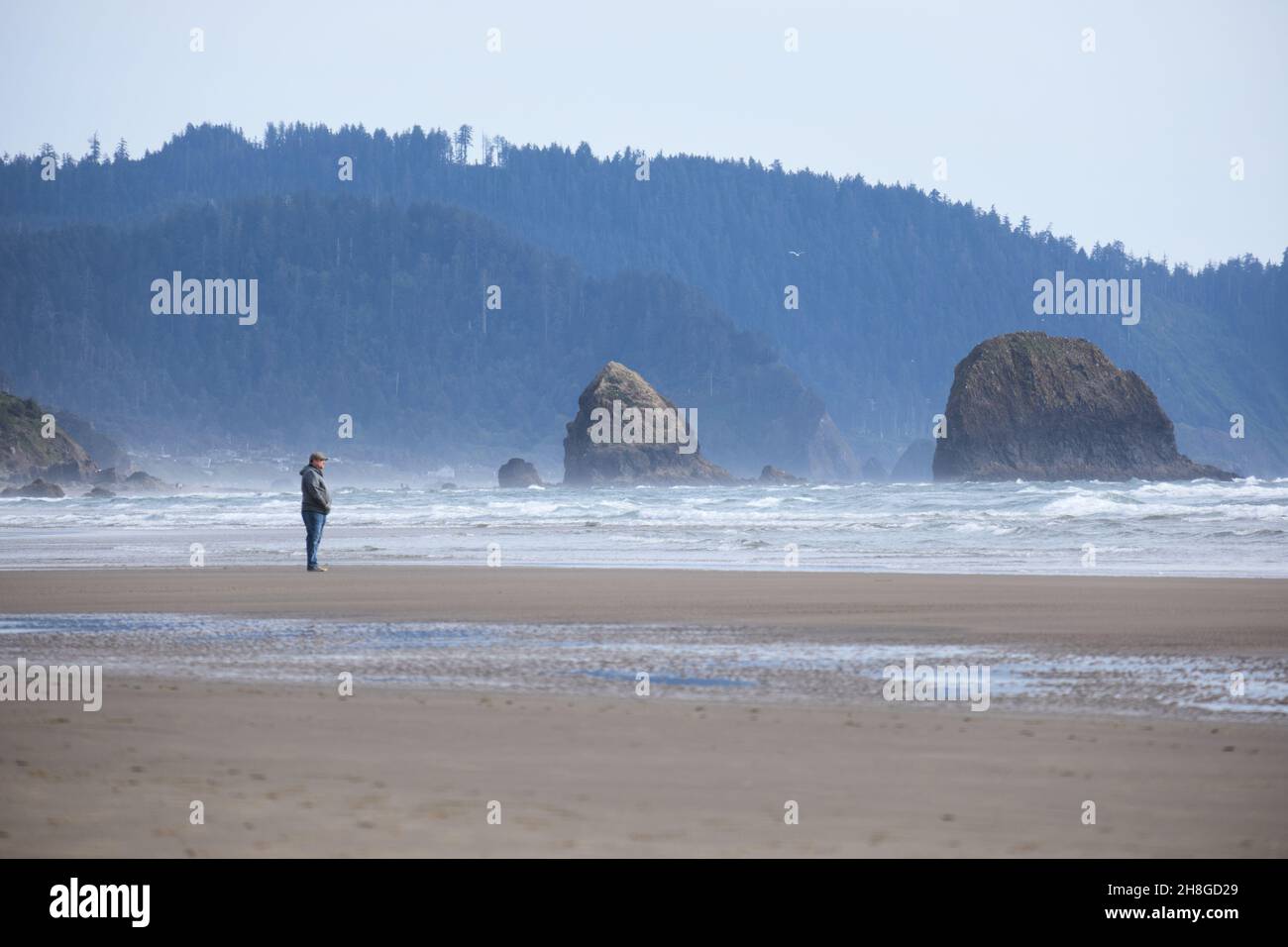 Homme sur la plage seul, Cannon Beach, Oregon Banque D'Images