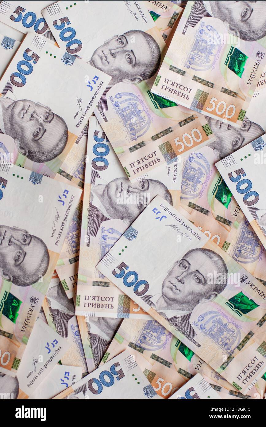 Flat Lay Ukraine papier argent factures de hryvnias fond financier.Concept d'épargne ou d'expiration Banque D'Images