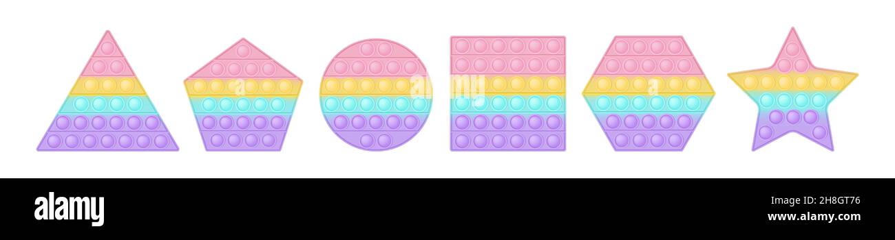 Jeu de figures géométriques popit comme jouets en silicone tendance pour les ménés.Différentes formes pour l'éducation poster dans des couleurs pastel.La bulle sensorielle se développe Illustration de Vecteur
