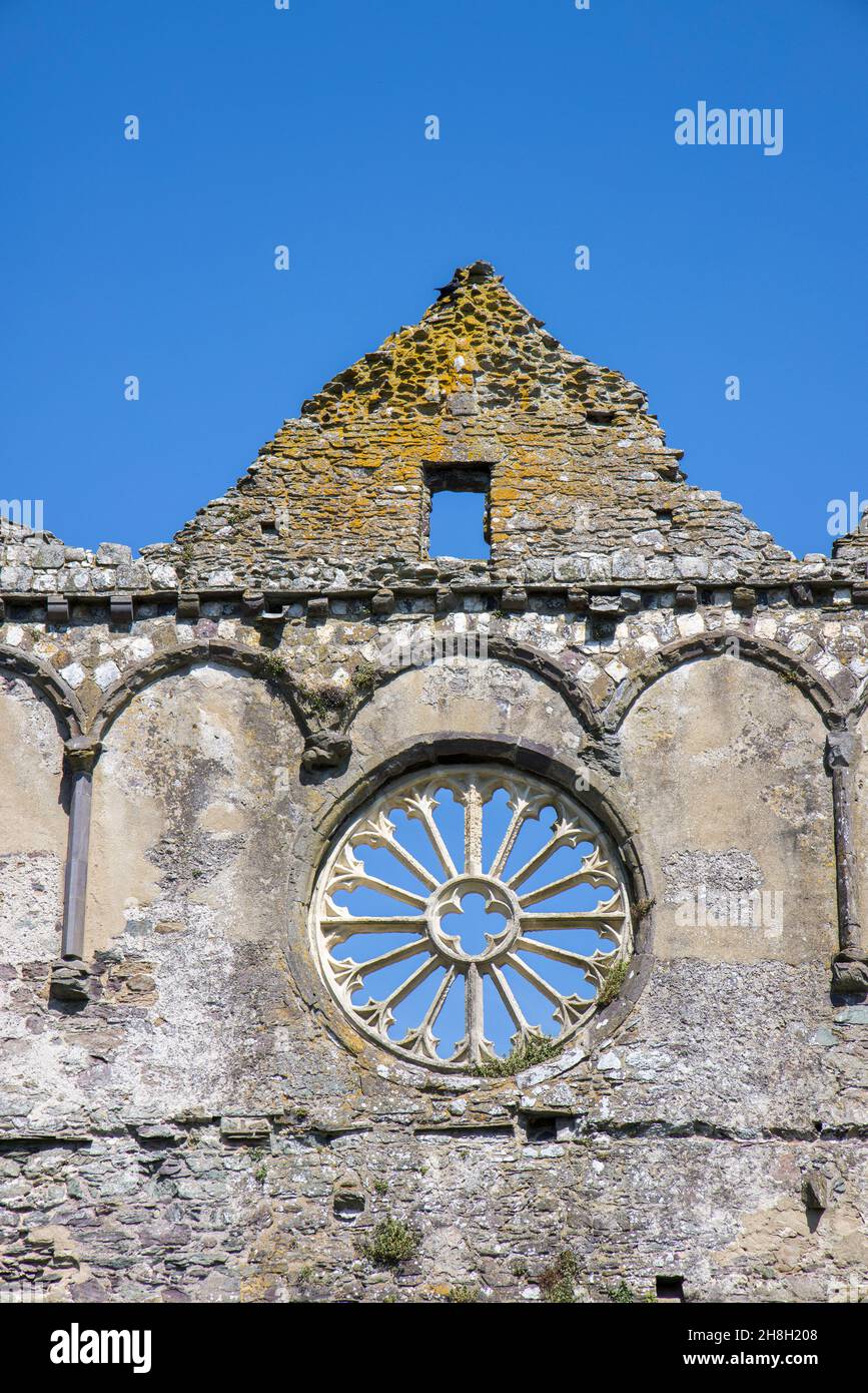 Mur d'extrémité de la Grande salle avec sa fenêtre de roue en pierre de bain, Palais de l'évêque, St Davids, Pembrokeshire, pays de Galles,ROYAUME-UNI Banque D'Images