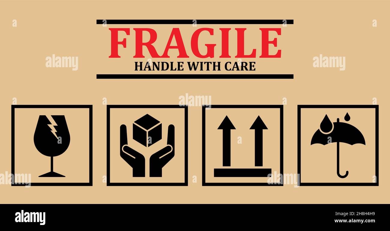 Icônes fragiles.Jeu de symboles d'emballage : ce côté vers le haut, manipuler avec soin, fragile, garder au sec Illustration de Vecteur