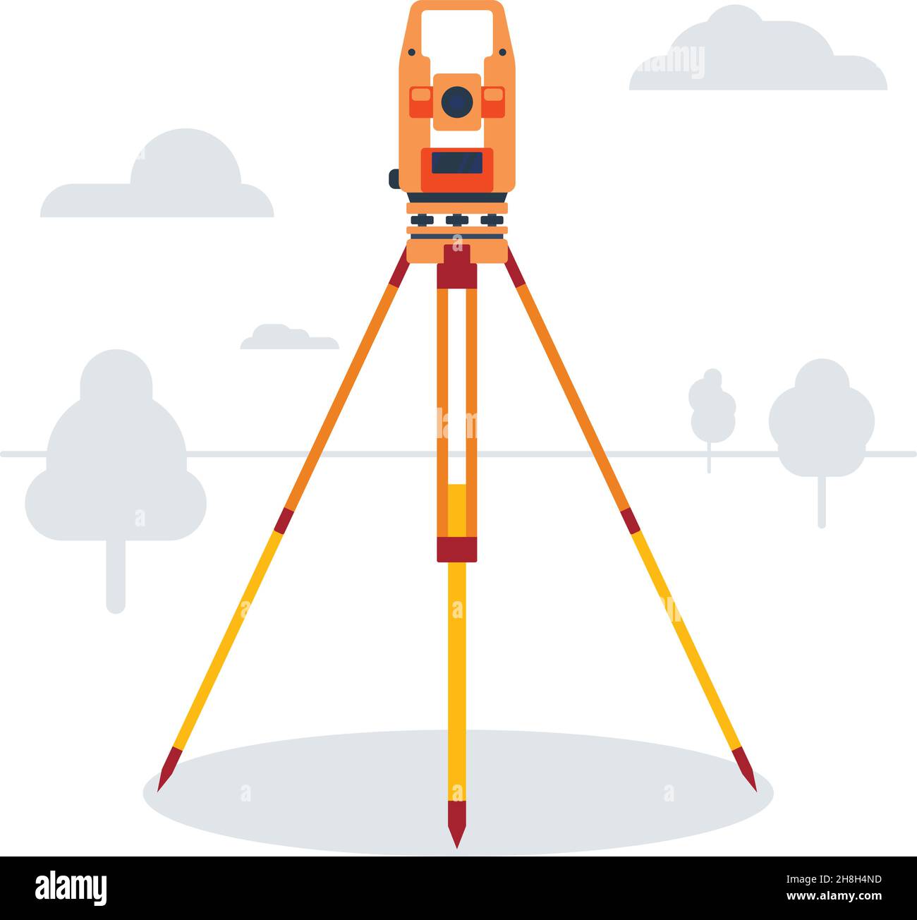 Instrument géodésique dans un champ avec des arbres.Équipement cadastral.Théodolite.Illustration vectorielle. Illustration de Vecteur