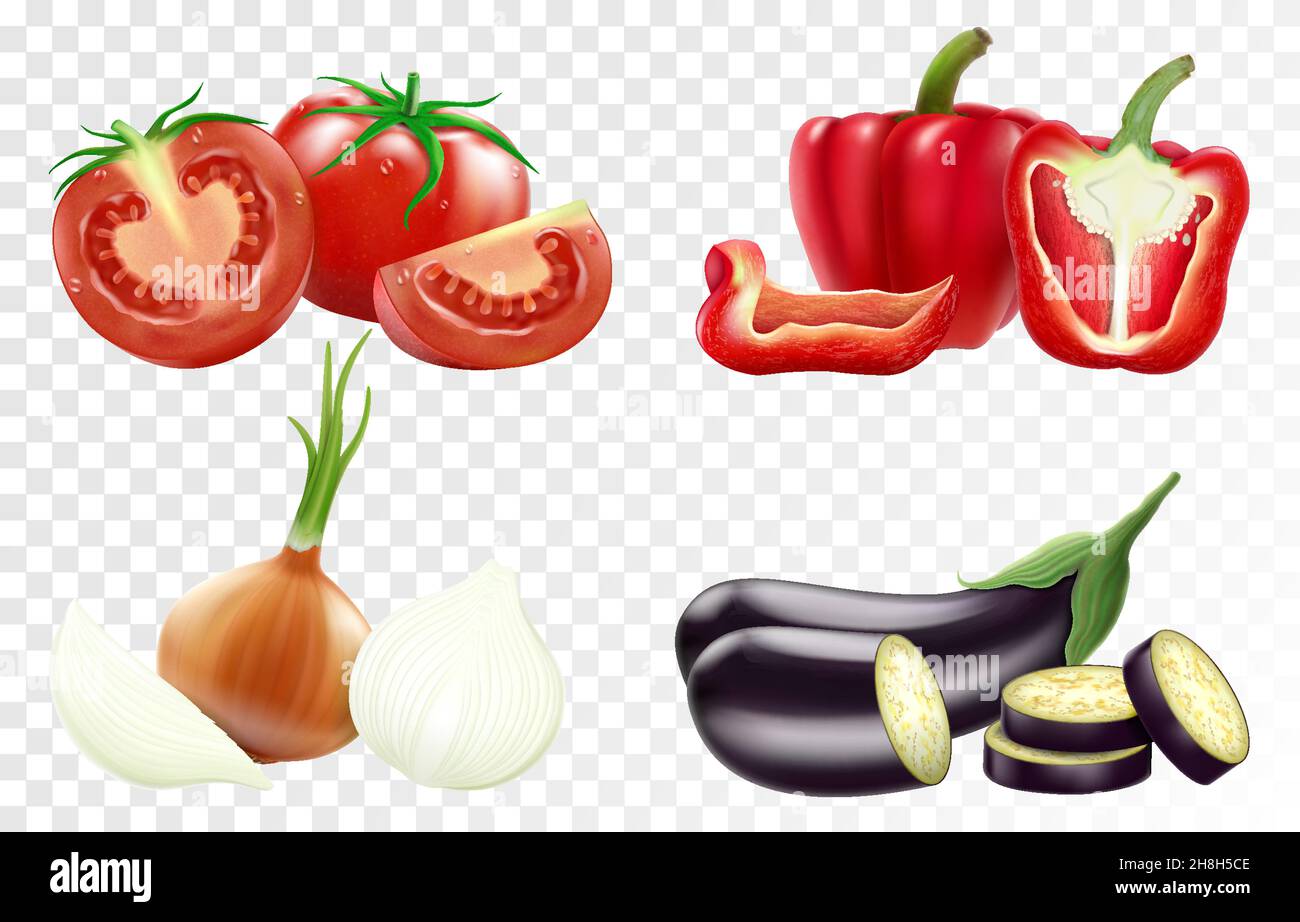 Ensemble de légumes réalistes, tomates, poivrons, oignons et aubergines.Illustration vectorielle 3D réaliste isolée sur fond transparent Illustration de Vecteur