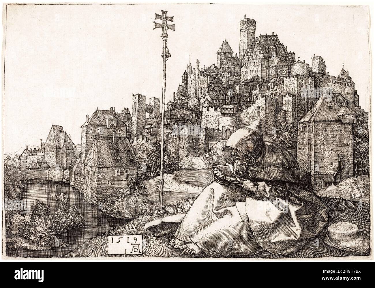 Albrecht Durer, Saint Anthony Reading, gravure, 1519 Banque D'Images