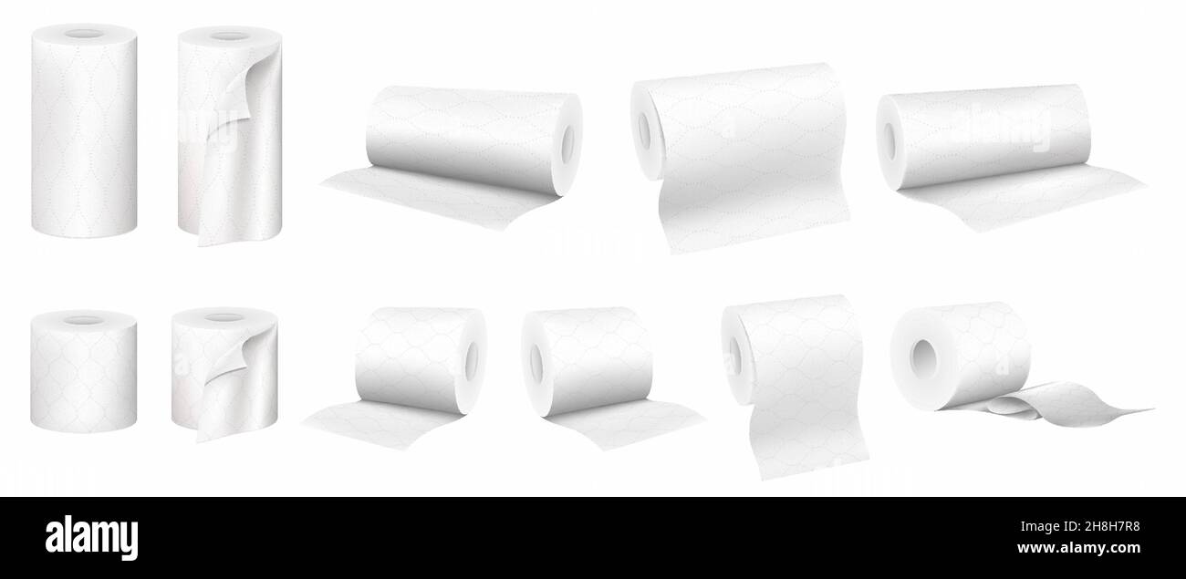 Jeu de serviettes en papier roulé et papier toilette, ensemble vectoriel 3D réaliste isolé sur fond blanc Illustration de Vecteur