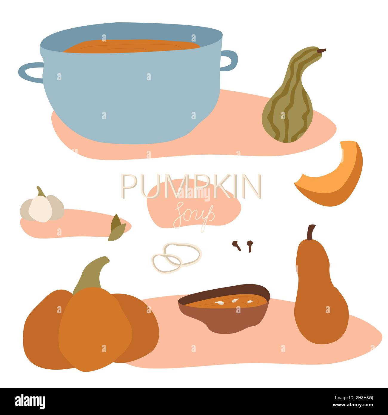 Set pour faire de la soupe de potiron et de courge.Cuisine, automne, dîner d'automne.Pour des sujets comme la saison de la citrouille, la récolte, la recette Illustration de Vecteur