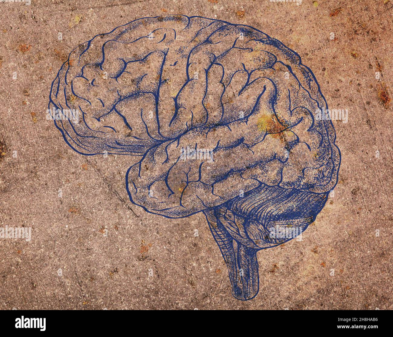 Image du cerveau humain sur la texture métallique obsolète. Banque D'Images