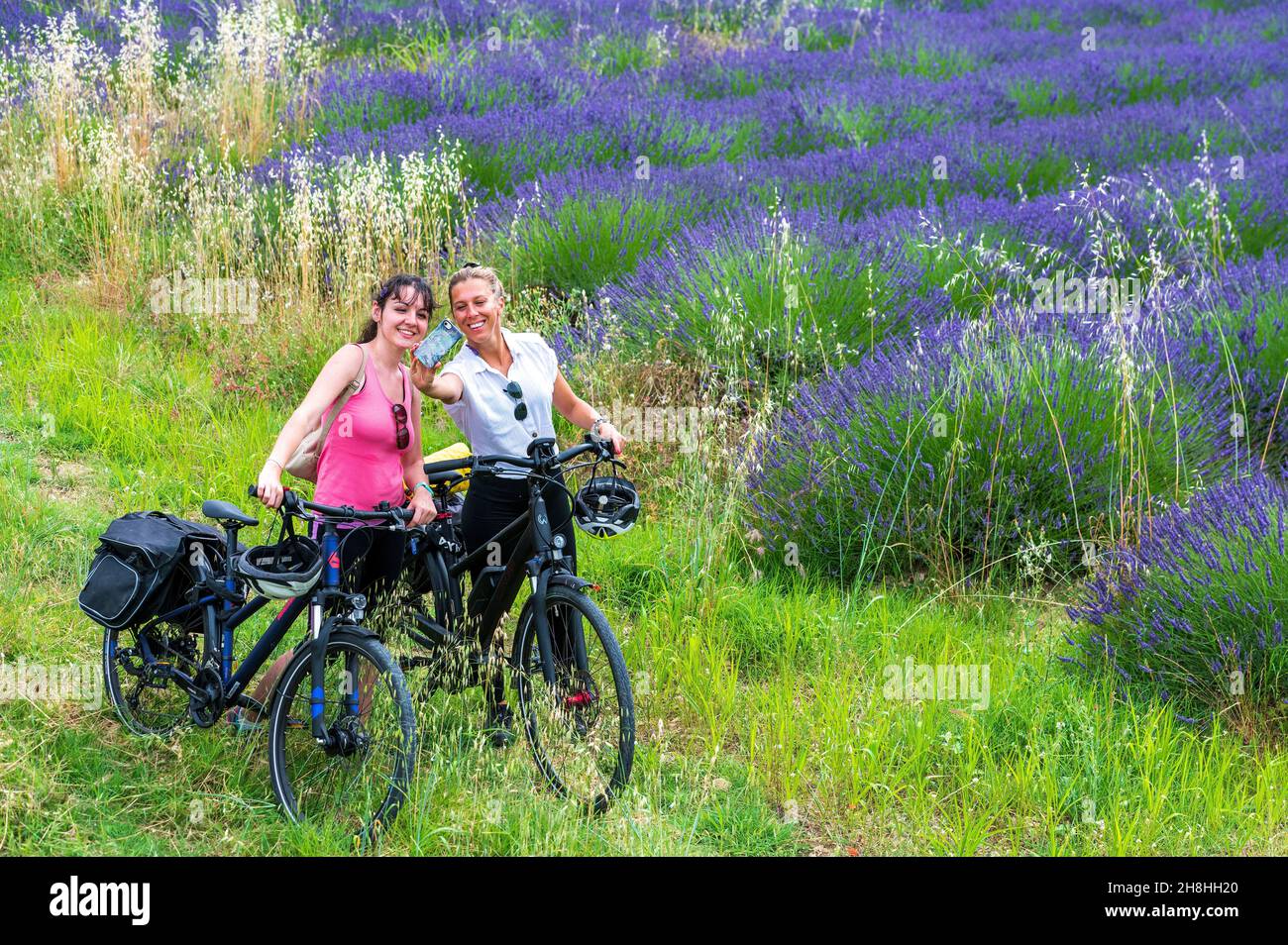 France, Ardèche, ViaRôna, Bourg-Saint-Andéol, cyclistes prenant un selfie devant un champ de lavande près de la ViaRôna Banque D'Images