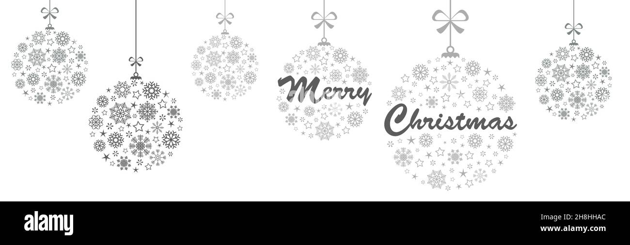 Boules suspendues de couleur argent avec différentes icônes abstraites de flocons de neige pour les concepts de Noël et d'hiver, Joyeux Noël message de voeux texte dans deux b Illustration de Vecteur