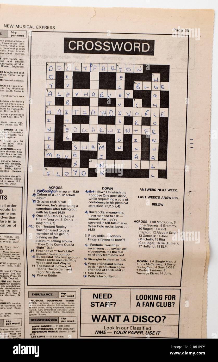 Music Crossword dans le magazine NME des années 1970 Banque D'Images