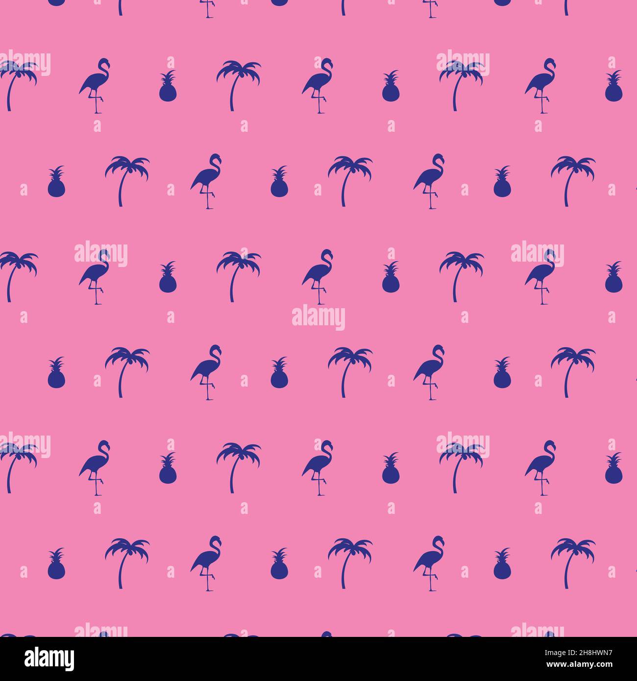 Motif vectoriel de flamants roses, palmiers et ananas en bleu foncé sur fond rose.Idéal comme toile de fond pour la publicité, l'emballage-cadeau, le textile ou p Illustration de Vecteur