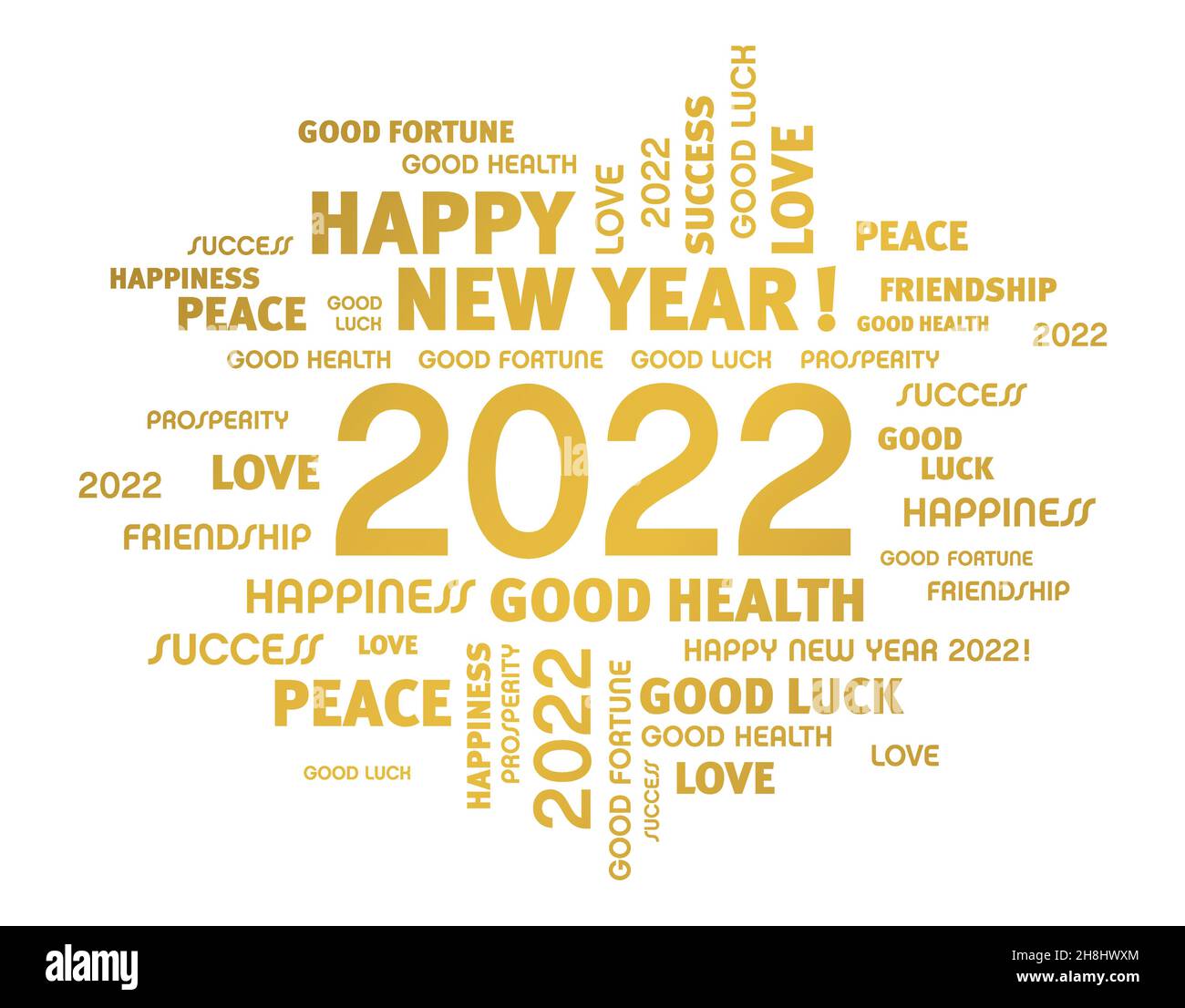 Salutation des mots autour du nouvel an date 2022, coloré en or, isolé sur blanc.Carte de souhaits Word Cloud. Illustration de Vecteur