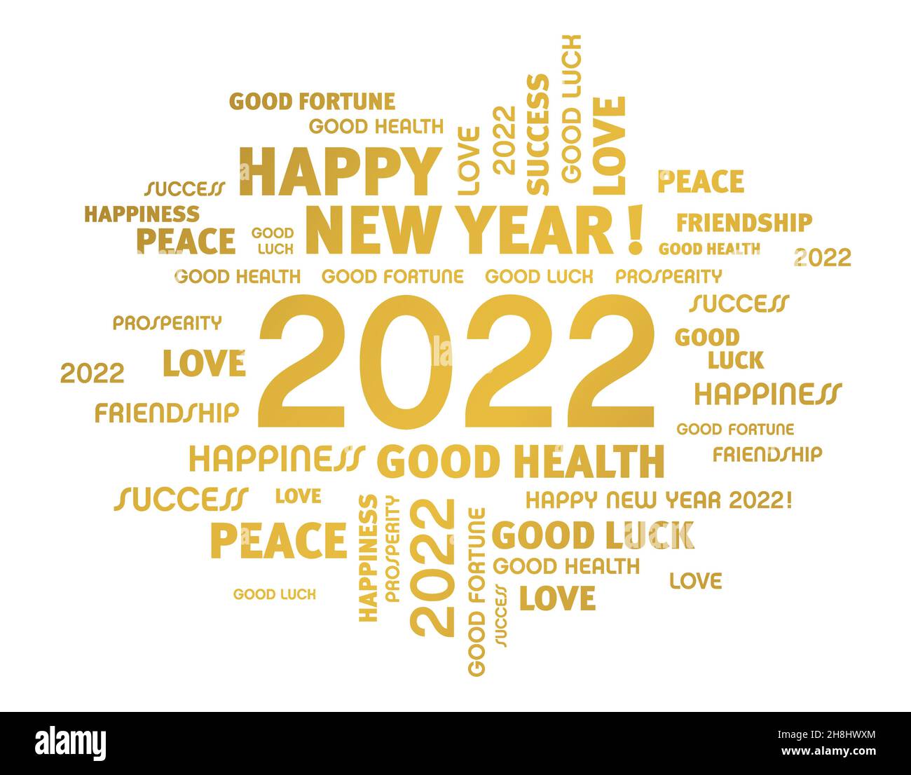 Salutation des mots autour du nouvel an date 2022, coloré en or, isolé sur blanc.Carte de souhaits Word Cloud. Illustration de Vecteur