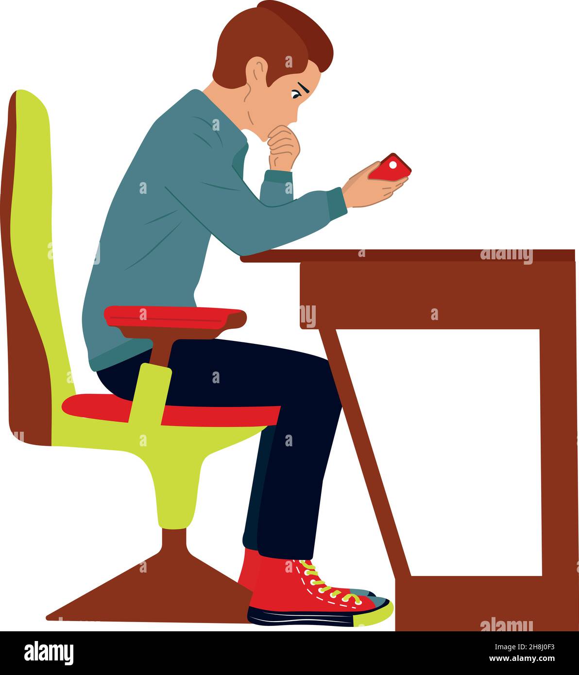 Un gentil homme s'assoit à une table et tient un téléphone dans ses mains.Chaise d'ordinateur, fond blanc.Journée de travail, recherche de solutions.Vecteur plat dans le panier Illustration de Vecteur