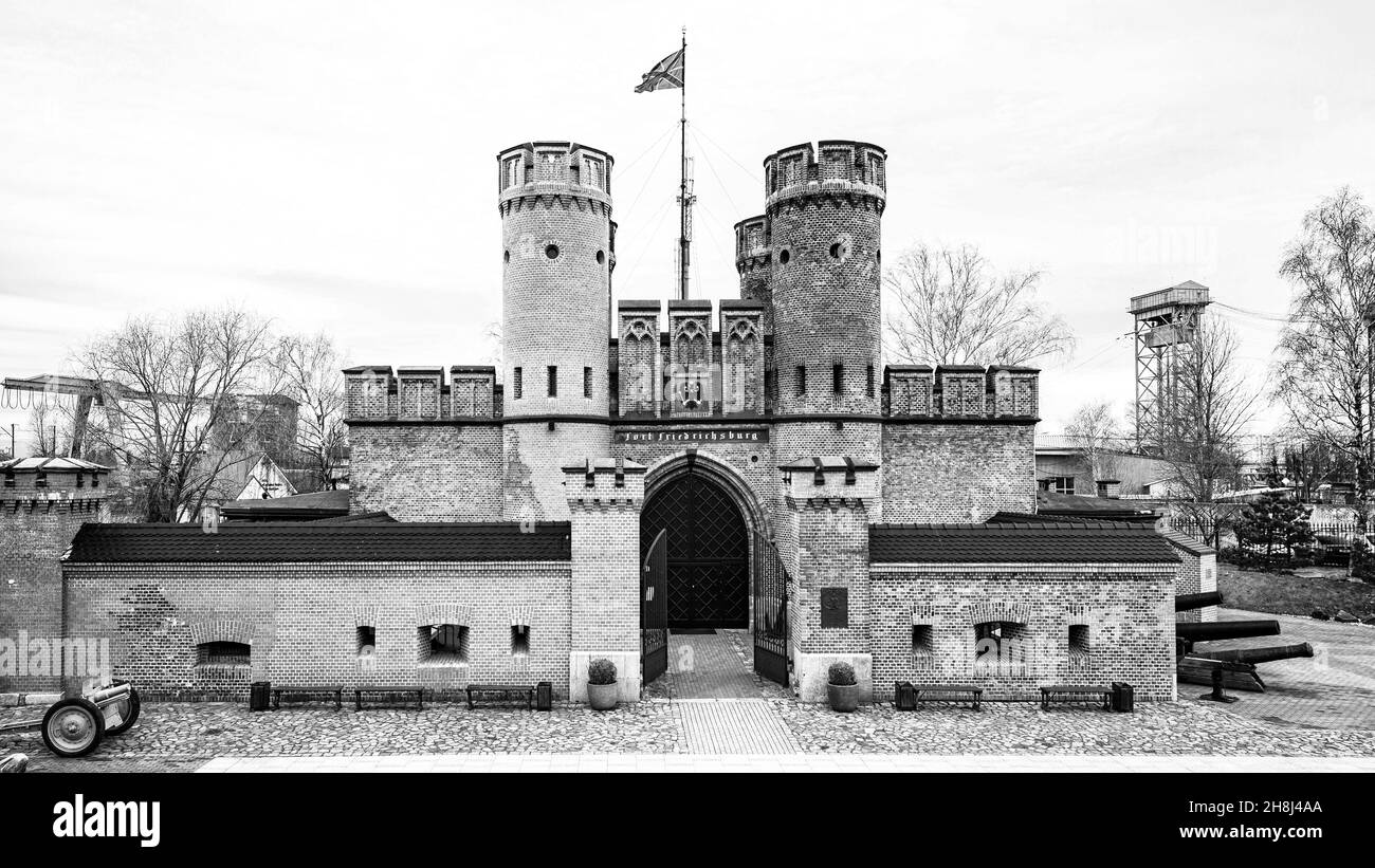 Fort Friedrichsburg forteresse en briques à Kaliningrad, photo en noir et blanc Banque D'Images