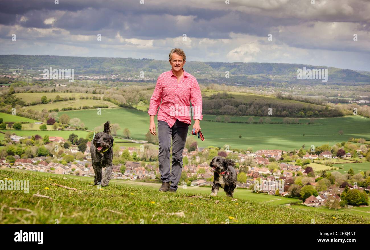 L'acteur Hugh Bonneville marche ses chiens sur les South Downs près de Chichester, West Sussex, Royaume-Uni.Usage Editioral uniquement. Banque D'Images