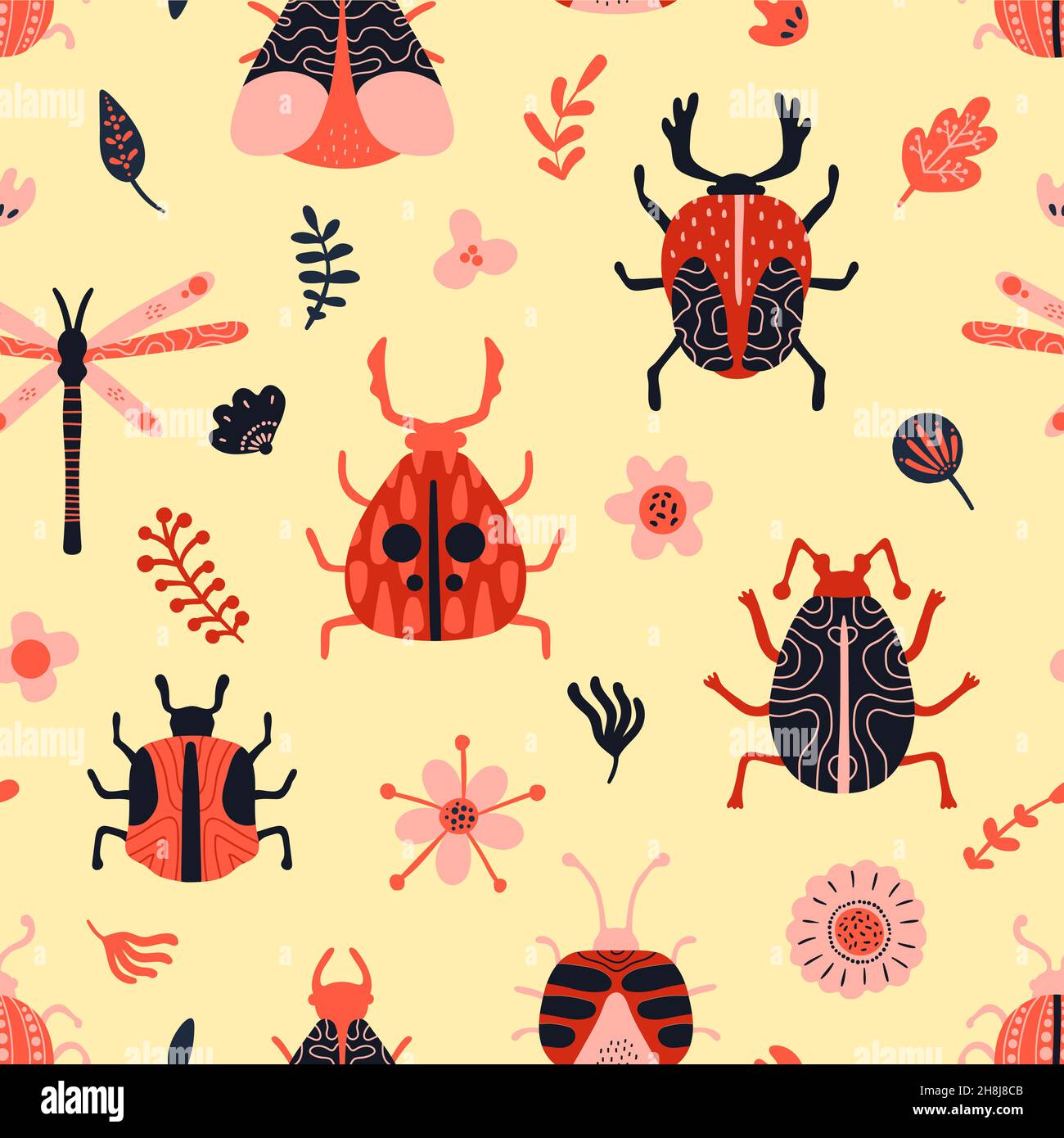 Motif insectes mignon sans coutures.Drôle répéter des insectes et des libellules arrière-plan, enfants impression naturelle, simple doodle petits animaux de jardin.Décor textile Illustration de Vecteur