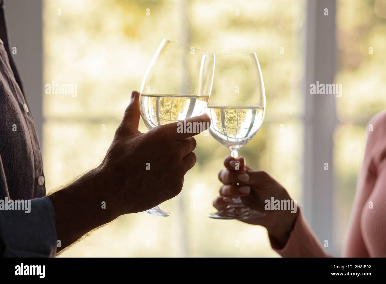 Jeunes mariés et femmes, jeunes verres à clin d'œil avec du vin sur fond de fenêtre Banque D'Images
