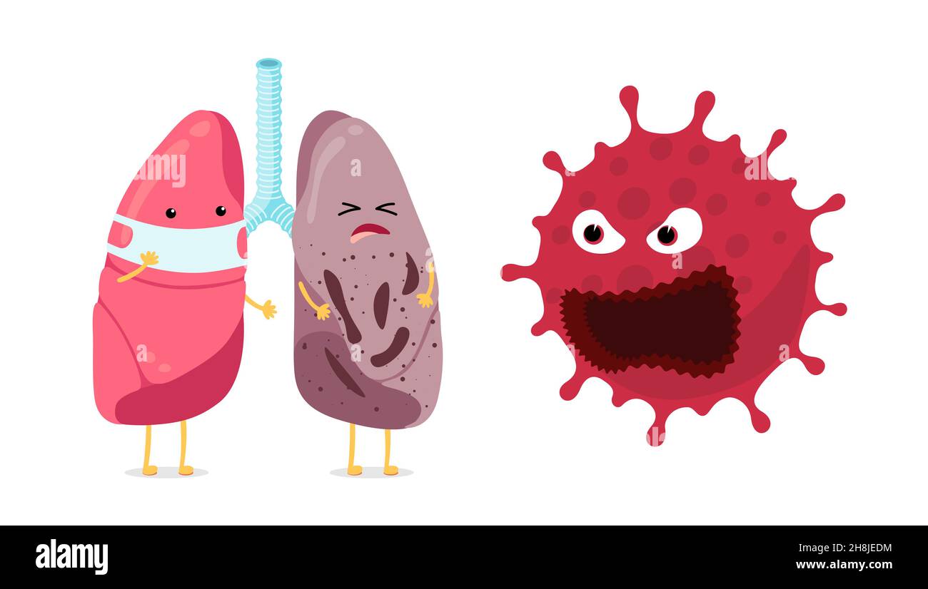 Un bon caractère pulmonaire portant un masque facial et des poumons malades malsains avec une infection à coronavirus.Organe interne du système respiratoire humain avec pneumonie.Le vaccin protège la maladie COVID-19 infectée.Vecteur Illustration de Vecteur