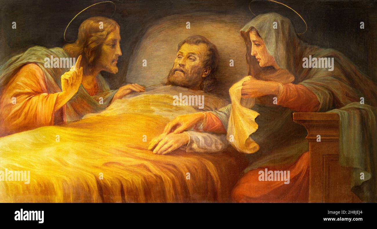 FORLÍ, ITALIE - 11 NOVEMBRE 2021: La peinture mort de Saint Joseph dans le Cattedrala di Santa Croce par Mario Pesarini (1961). Banque D'Images